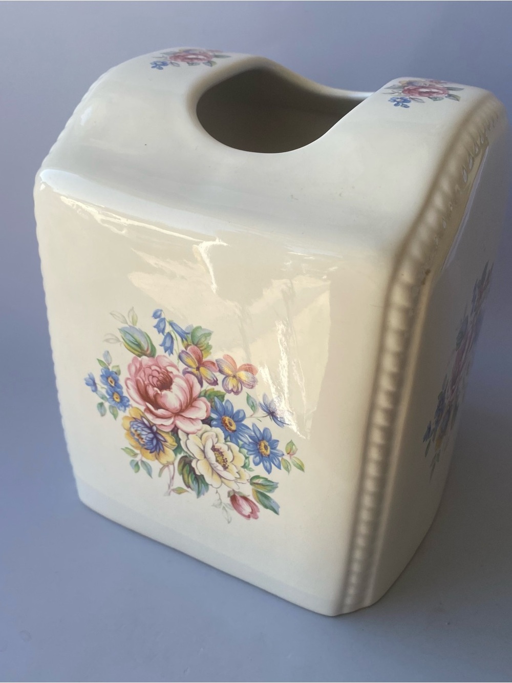 Athena Cream Ceramic Tissue Box Cover with Pink & Blue Floral Bouquet